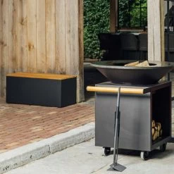 Banc Acier Laqué Noir Et Bois De Teck - Ofyr -Foyer Extérieur Pour Barbecue banc noir teck 2020000022336 2