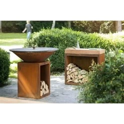 Billot Corten Et Bois De Teck 90 Cm - Ofyr -Foyer Extérieur Pour Barbecue ofyr billot range bois 90 cm 7430440799784 2